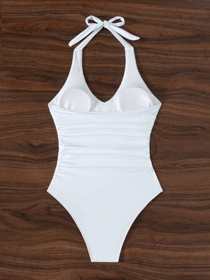 Traje De Baño Enterizo Blanco Con Volantes Y Escote Halter