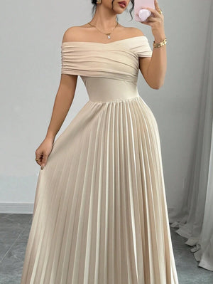 Vestido Largo Convertible Con Falda Plisada Caqui