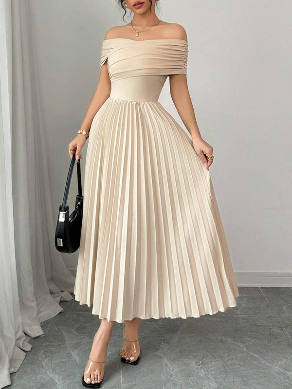 Vestido Largo Convertible Con Falda Plisada Caqui