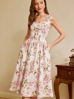 Vestido midi bohemio floral multicolor con falda campana.