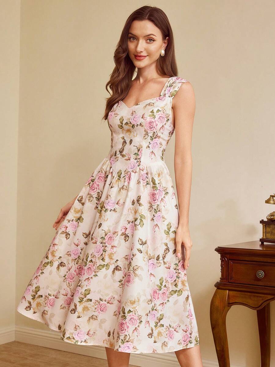 Vista frontal de vestido midi bohemio con estampado floral multicolor.