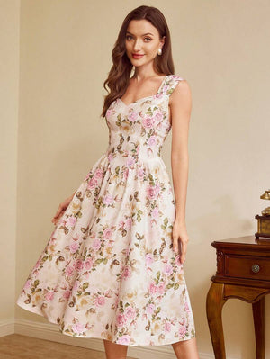Vista frontal de vestido midi bohemio con estampado floral multicolor.