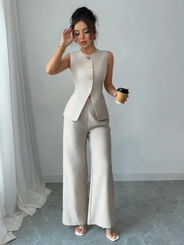 Conjunto Sastre De Chaleco y Pantalón Ancho Beige