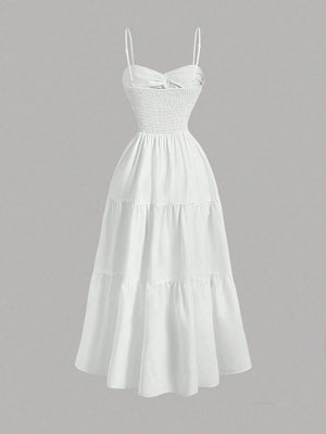 Vestido Blanco Largo A Capas Con Espalda Al Aire vista posterior.
