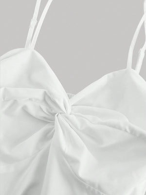 Vestido Blanco Largo A Capas Con Espalda Al Aire detalle pecho fruncido.
