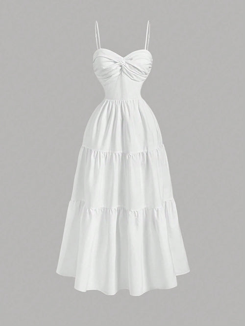 Vestido Blanco Largo A Capas Con Espalda Al Aire vista frontal completa.