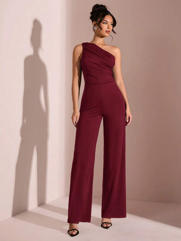 Jumpsuit Elegante De Un Hombro Color Vino