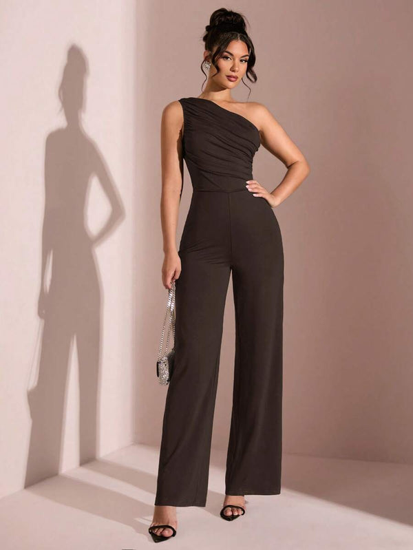 Jumpsuit Asimétrico Elegante De Pierna Ancha Café