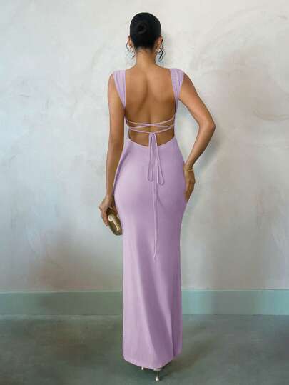 Vestido Maxi Ajustado Morado Malva Con Tirantes