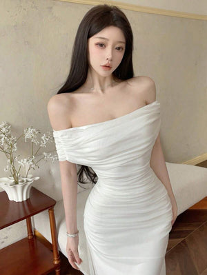 Vestido Maxi Blanco Elegante Hombros Descubiertos Fruncido