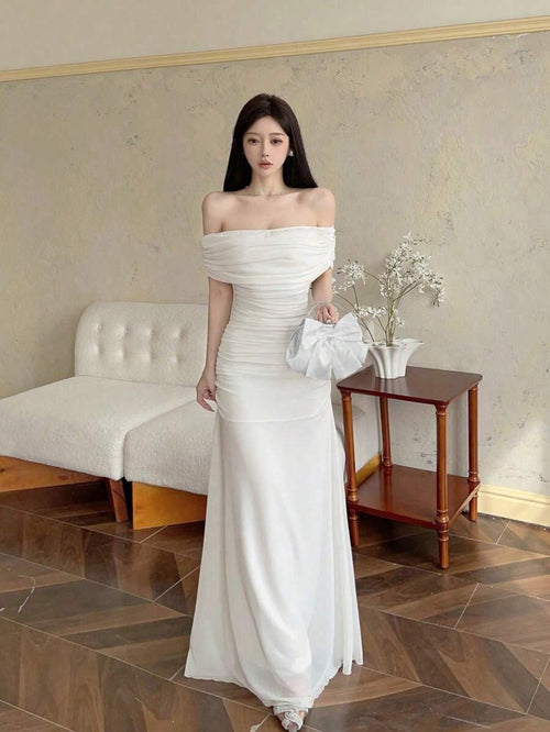 Vestido Maxi Blanco Elegante Hombros Descubiertos Fruncido