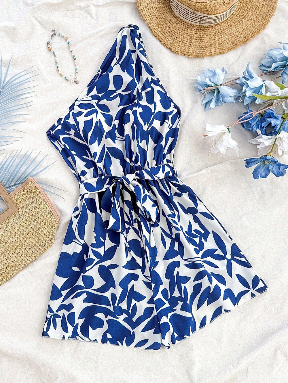 Mono corto azul y blanco con estampado de plantas – Vista frontal