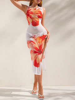 Vestido Pareo De Malla Floral con abertura alta y estampado hibiscus multicolor.