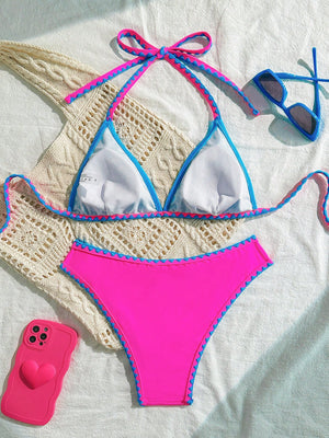 Bikini halter de 2 piezas multicolor con ribete en contraste vista trasera