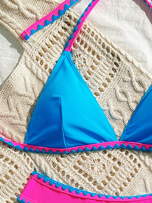 Conjunto bikini halter de 2 piezas multicolor con ribete en contraste completo