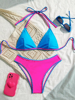 Bikini halter de 2 piezas multicolor con ribete en contraste vista frontal