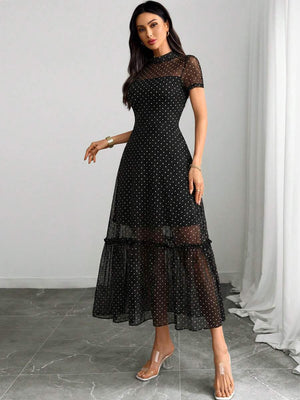Vestido Midi Negro de Lunares con Malla Transparente
