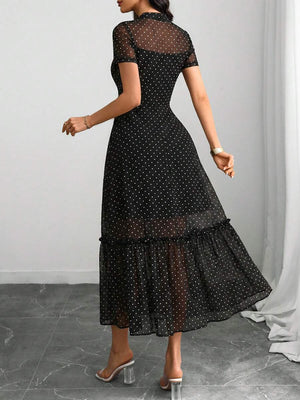 Vestido Midi Negro de Lunares con Malla Transparente