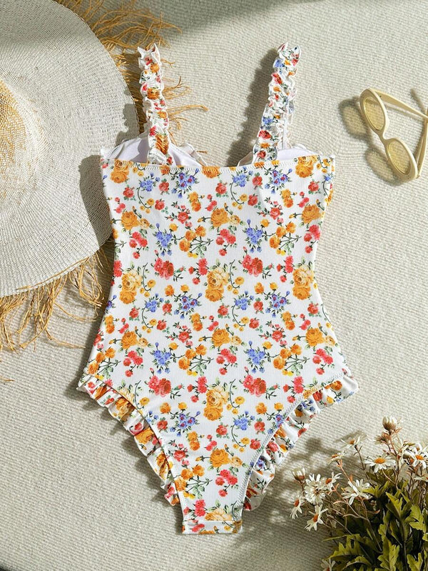 Traje de Baño Floral Con Lazo y Volantes