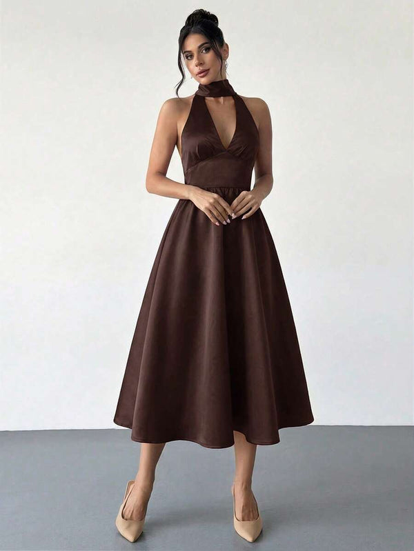 Vestido Halter Midi Elegante De Satén Marrón