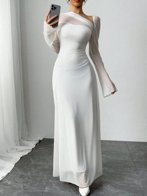 Vestido Maxi Blanco Elegante Con Escote Asimétrico