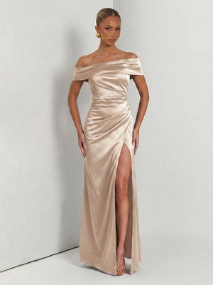 Vestido De Gala Satinado Hombros Descubiertos