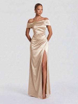 Vestido De Gala Satinado Hombros Descubiertos