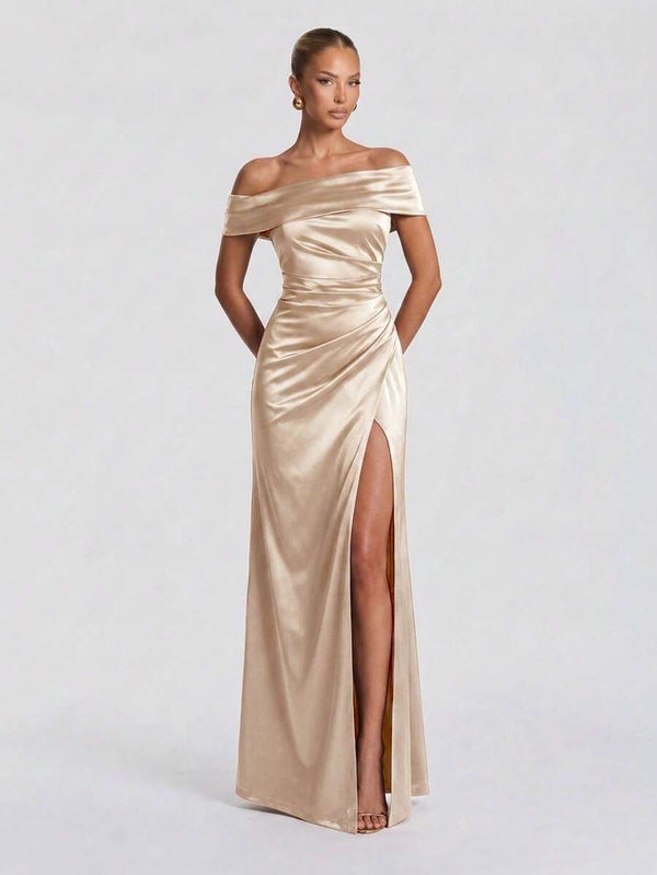 Vestido De Gala Satinado Hombros Descubiertos