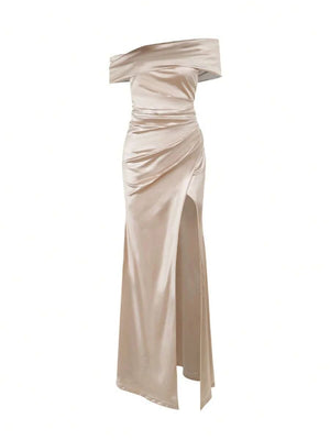 Vestido De Gala Satinado Hombros Descubiertos