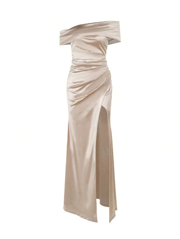Vestido De Gala Satinado Hombros Descubiertos