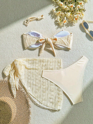 Set De Bikini Texturizado Albaricoque Con Falda Transparente