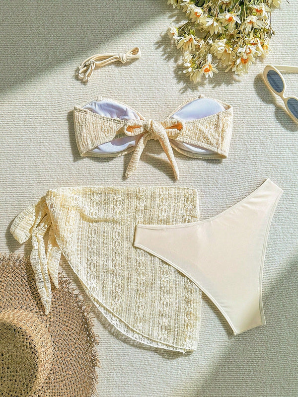 Set De Bikini Texturizado Albaricoque Con Falda Transparente