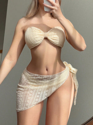 Set De Bikini Texturizado Albaricoque Con Falda Transparente