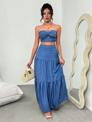 Falda maxi azul con volantes y talle alto