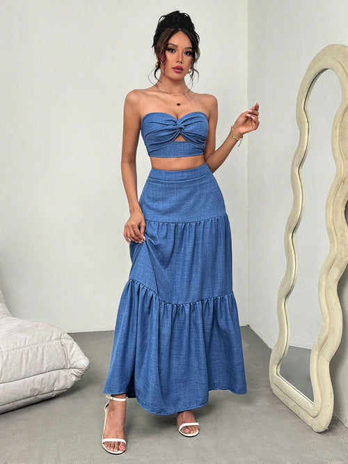 Conjunto azul top bandeau y falda maxi vista frontal