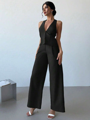 Conjunto Elegante De Chaleco Halter y Pantalón Ancho