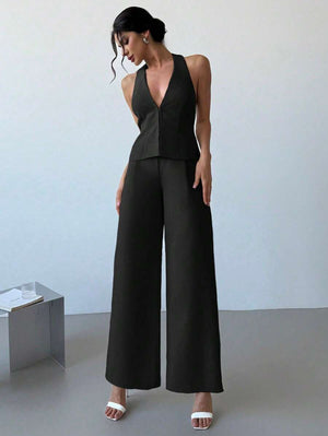 Conjunto Elegante De Chaleco Halter y Pantalón Ancho