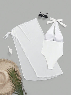 Traje De Baño Blanco Halter Con Salida De Playa Incluida