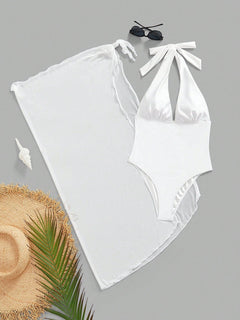 Traje De Baño Blanco Halter Con Salida De Playa Incluida