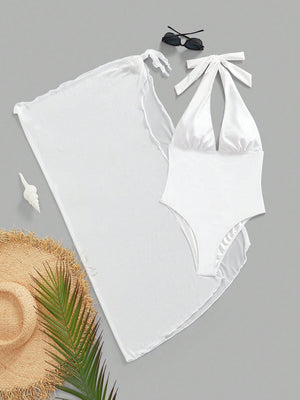 Traje De Baño Blanco Halter Con Salida De Playa Incluida