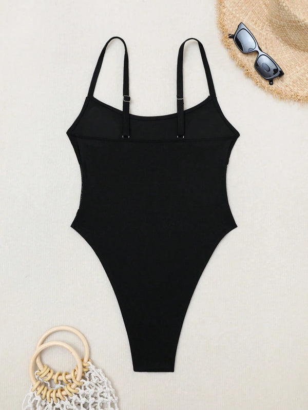 Traje de baño negro liso estilo sexy para playa