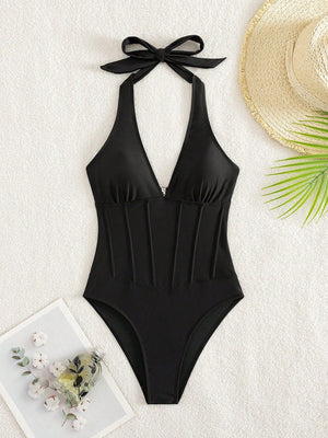 Traje de Baño Enterizo Elegante Negro con Escote Pronunciado y Espalda Descubierta