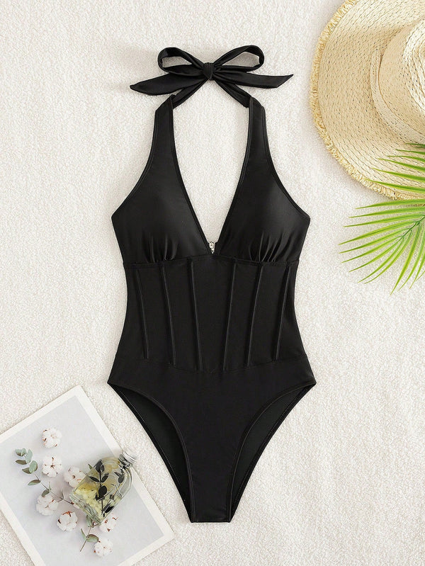 Traje de Baño Enterizo Elegante Negro con Escote Pronunciado y Espalda Descubierta