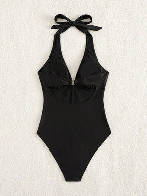 Traje de Baño Enterizo Elegante Negro con Escote Pronunciado y Espalda Descubierta