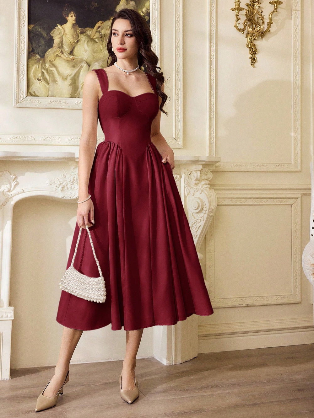 Vestido burdeos elegante midi corte A línea
