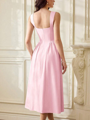 Vestido Elegante Midi Rosa Con Cuello Alzado