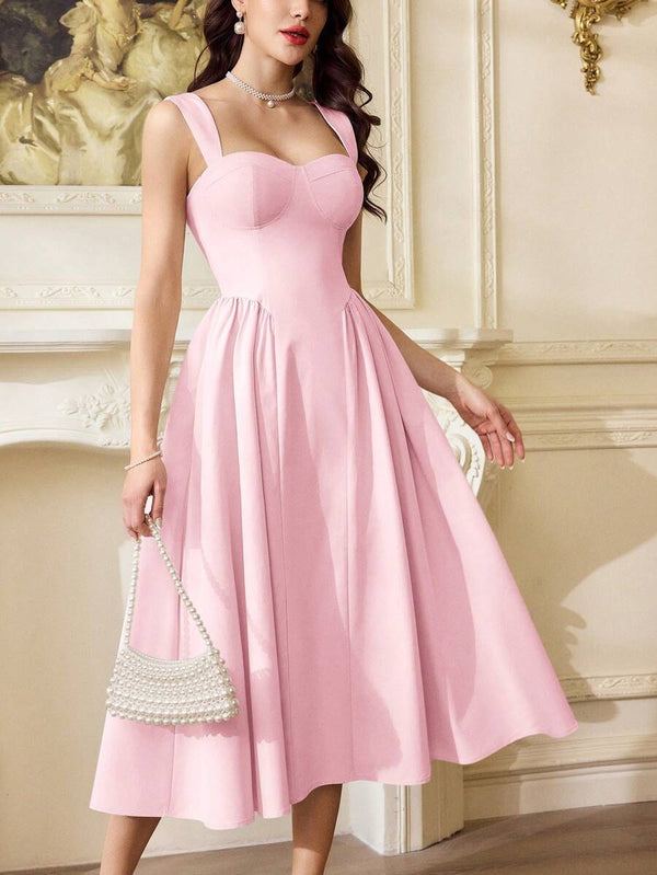 Vestido Elegante Midi Rosa Con Cuello Alzado
