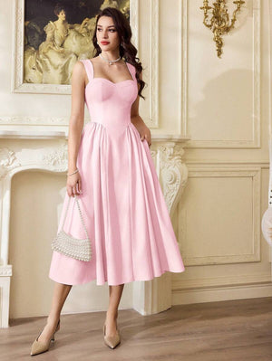 Vestido Elegante Midi Rosa Con Cuello Alzado