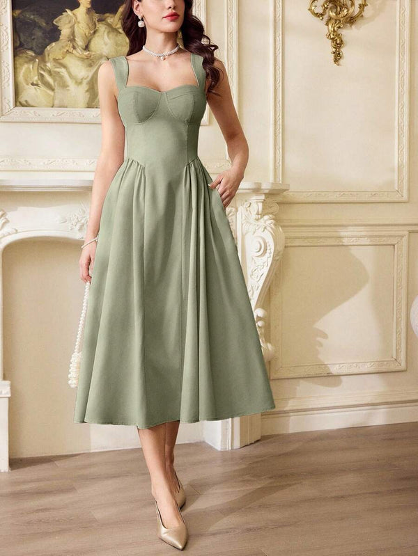 Vestido Midi Estilo Corsé Verde Salvia Con Falda Acampanada