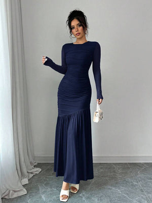 Vestido Largo Fruncido De Manga Larga Azul Marino